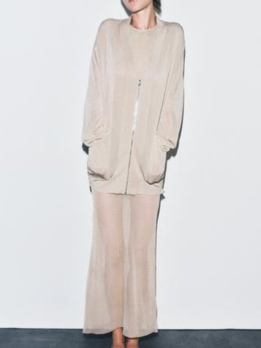 Semi‑Sheer Knit Bomber Cardigan  ZARA NWT – Pearl Gray (Size M)